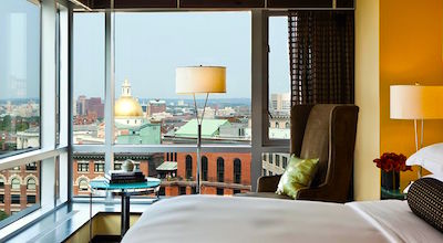 View from corner room at Nine Zero Hotel in Boston