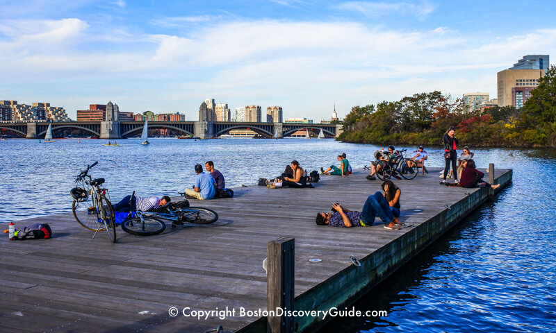 Floating docks are like a beach along the Esplanade and Charles River