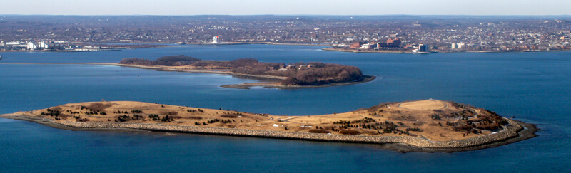 Spectacle Island from the air, with Thompson Island behind it