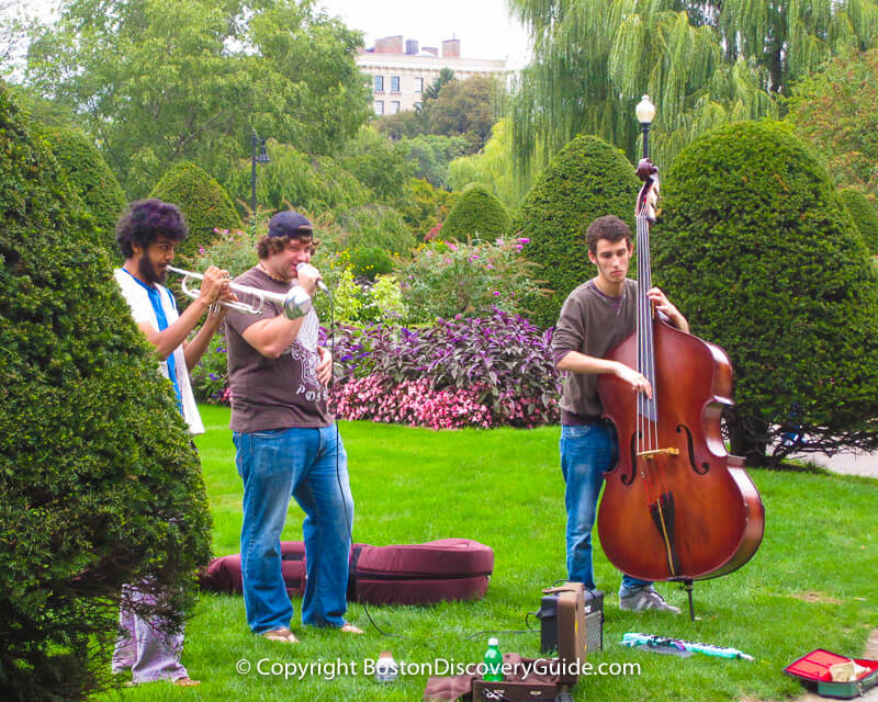 Musicians playing jazz in Boston's Public Garden