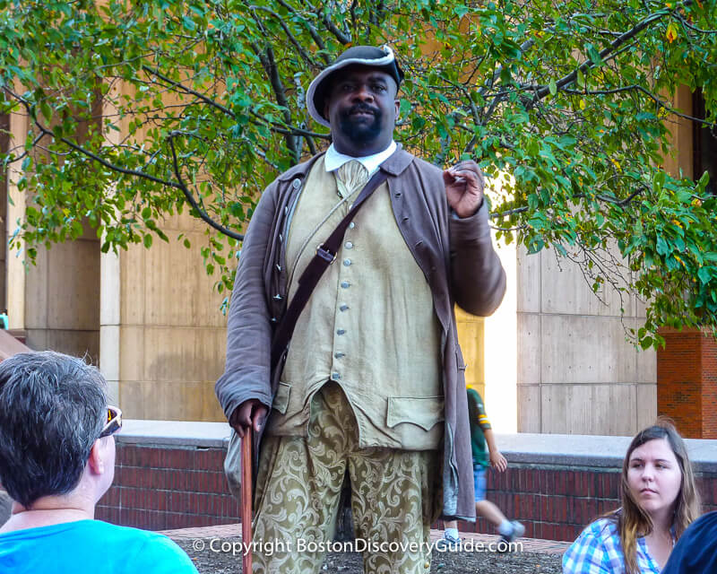 Historic reenactor portraying Boston Massacre victim and revolutionary patriot Crispus Attucks, the first person to die in the American Revolution against the British