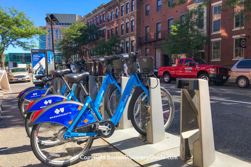 Blue Bikes bike stand on Charles Street in Beacon Hill