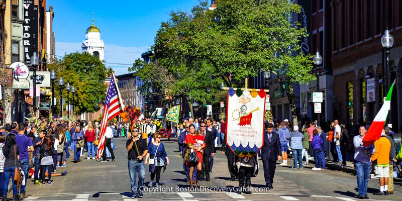 Boston's Columbus Day Parade marching up Hanover Street in the North End
