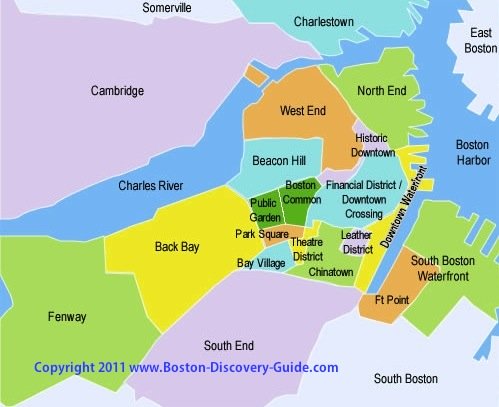 Boston map showing neighborhoods with tourism attractions